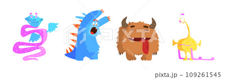 Funny Monster Character with Horn and Wing Vector Set 109261545