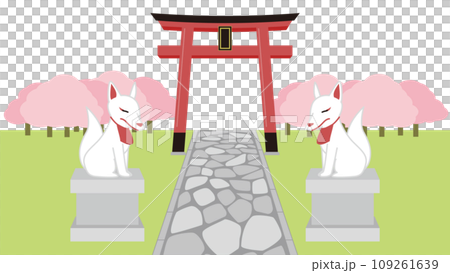 神社の鳥居とお稲荷さんの石像がある春の風景 神社の鳥居とお稲荷さんの石像がある春の風景 109261639