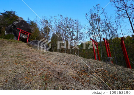 大分県玖珠町、耶馬渓方面へ向かう県道二十八号線をドライブ、赤い鳥居が並ぶ山を見つけ 109262190