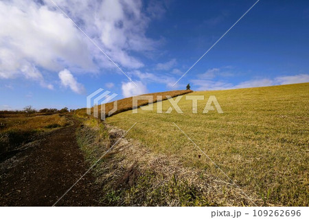 十一月、秋の九州、熊本県、阿蘇郡、南小国町にある押戸石の丘をさんぽ、天高く肥ゆる秋の空、九州ドライブ 109262696