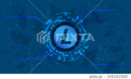 Litecoin token symbol, LTC coin icon, in a digital circle with a cryptocurrency theme on a blue background. Digital gold in futuristic style for website or banner. Copy space. Vector EPS10. Litecoin token symbol, LTC coin icon, in a digital circle with a cryptocurrency theme on a blue background. Digital gold in futuristic style for website or banner. Copy space. Vector EPS10. 109262880