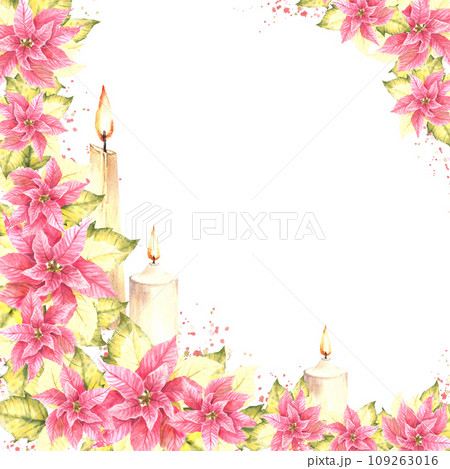 Watercolor painted corner frame with pink Poinsettia flowers leaves, flaming candles and splashes Illustration for Christmas, New Year card template, winter celebrate print. Isolated white background 109263016