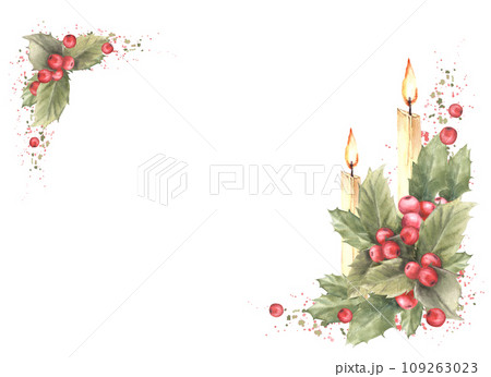 Watercolor painted corner frame with red holly berry, berries and leaves with flaming candles and splashes Illustration for Christmas, New Year card template, winter print. Isolated white background 109263023