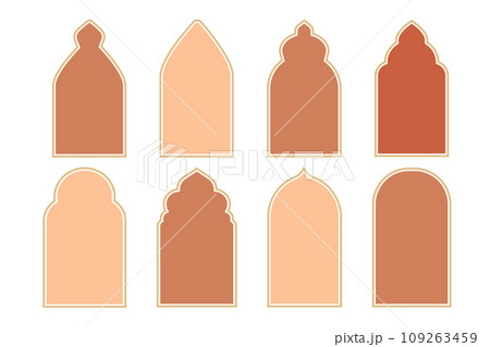 Set islamic arch frames, minimal boho borders, windows, arabic isolated on white background. islamic eid mubarak, morocco mosque. 109263459