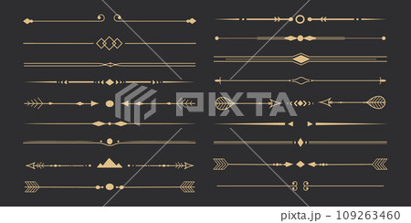 Text devider set, gold line minimal separators, elegant doodlle borders, decorative elements isolated on dark background. 109263460