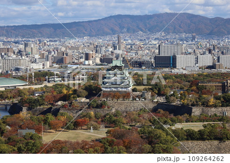 十一月の大阪、紅葉の大阪城公園、秋空の大阪城を望む、オオサカビジネスパーク、新しいホテル 109264262