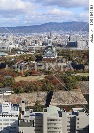 十一月の大阪、紅葉の大阪城公園、秋空の大阪城を望む、オオサカビジネスパーク、新しいホテル 109264268