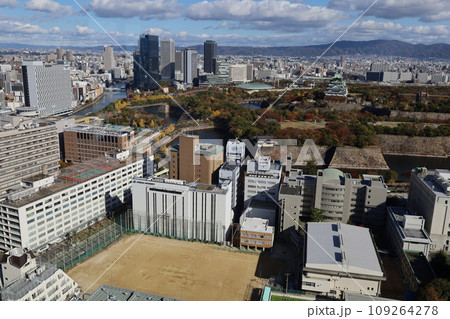 十一月の大阪、紅葉の大阪城公園、秋空の大阪城を望む、オオサカビジネスパーク、新しいホテル 十一月の大阪、紅葉の大阪城公園、秋空の大阪城を望む、オオサカビジネスパーク、新しいホテル 109264278