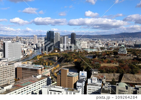 十一月の大阪、紅葉の大阪城公園、秋空の大阪城を望む、オオサカビジネスパーク、新しいホテル 109264284