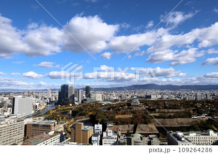 十一月の大阪、紅葉の大阪城公園、秋空の大阪城を望む、オオサカビジネスパーク、新しいホテル 109264286