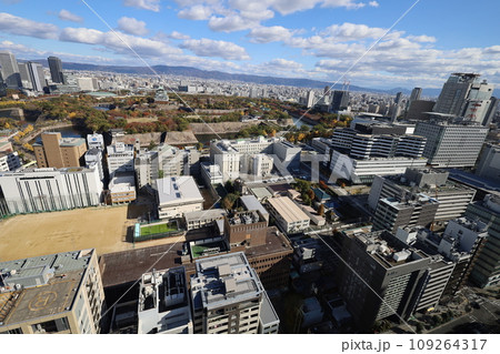 十一月の大阪、紅葉の大阪城公園、秋空の大阪城を望む、オオサカビジネスパーク、新しいホテル 十一月の大阪、紅葉の大阪城公園、秋空の大阪城を望む、オオサカビジネスパーク、新しいホテル 109264317