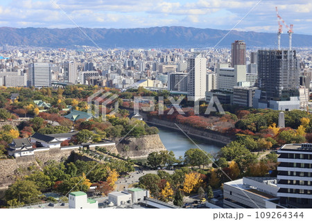 十一月の大阪、紅葉の大阪城公園、秋空の大阪城を望む、オオサカビジネスパーク、新しいホテル 十一月の大阪、紅葉の大阪城公園、秋空の大阪城を望む、オオサカビジネスパーク、新しいホテル 109264344