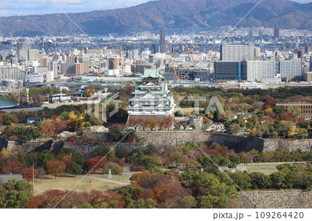 十一月の大阪、紅葉の大阪城公園、秋空の大阪城を望む、オオサカビジネスパーク、新しいホテル 109264420