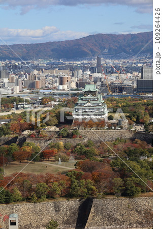 十一月の大阪、紅葉の大阪城公園、秋空の大阪城を望む、オオサカビジネスパーク、新しいホテル 109264426