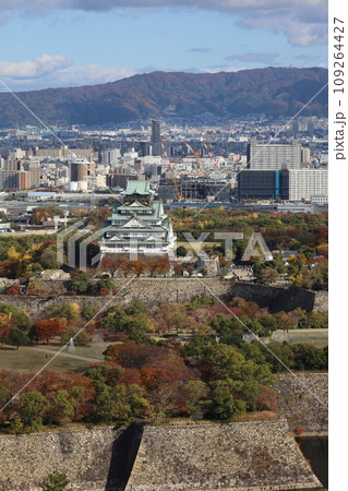 十一月の大阪、紅葉の大阪城公園、秋空の大阪城を望む、オオサカビジネスパーク、新しいホテル 109264427