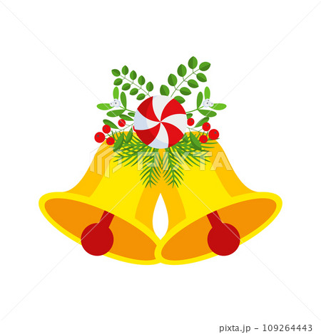 Two Christmas bells with lollipop and floral garland. Door wreath design element. Two Christmas bells with lollipop and floral garland. Door wreath design element. 109264443