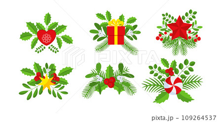 Christmas wreath design element set. Spruce evergreen branch Christmas wreath design element set. Spruce evergreen branch 109264537
