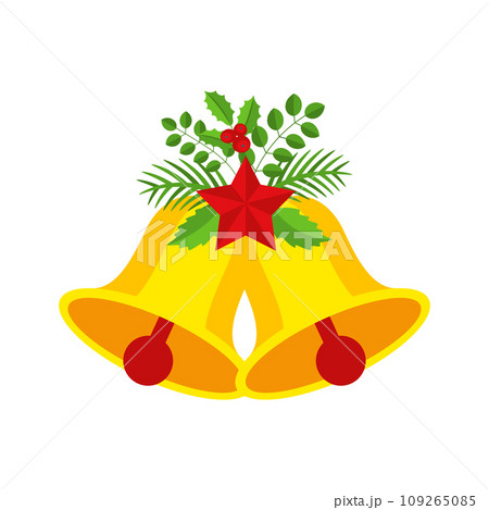 Two Christmas bells with red star and floral garland. 109265085