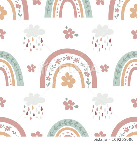 Boho baby rainbow seamless pattern. Boho color rainbow background for your project. 109265086
