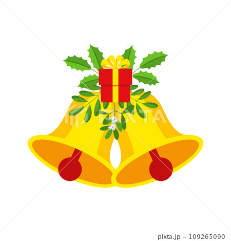 Two Christmas bells with gift box and floral garland. 109265090