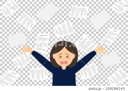 A female office worker has her hands full with a large amount of documents. 109266143