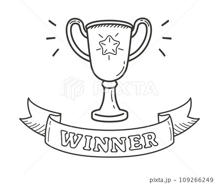Winner trophy in doodle style. Illustration of a champion cup with ribbon. Cartoon outline illustration of award 109266249