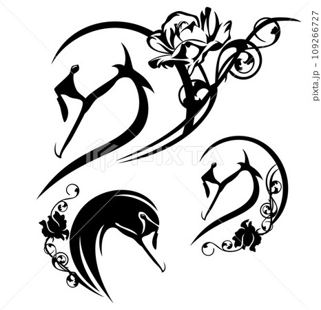 profile swan bird head and rose flower black and white vector outline 109266727