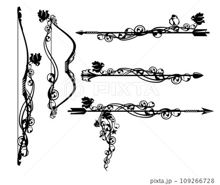 fantasy archer bow and arrows with rose flowers and sitting bird black and white vector design set fantasy archer bow and arrows with rose flowers and sitting bird black and white vector design set 109266728