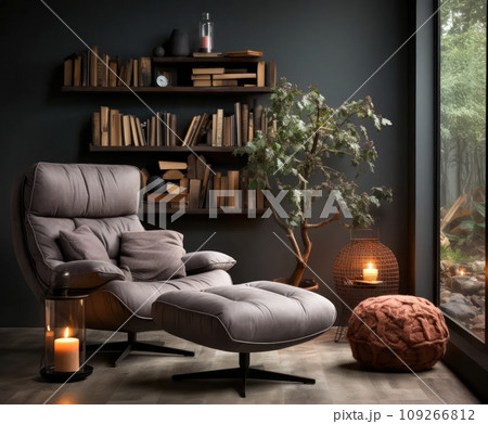 Generative ai illustration of Grey sofa and lounge chair by fireplace 109266812