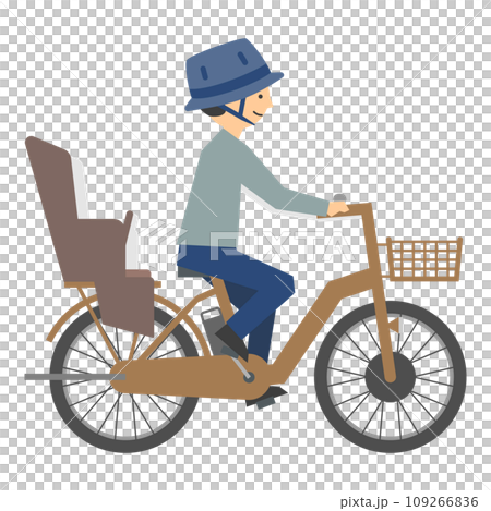 Illustration of a father riding a bicycle with a child seat 109266836