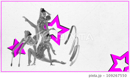 Contemporary art, collage. Flexible girl, in elegant swimsuit performing tricks with sport equipment in black and white filter against white background with pink stars. 109267550