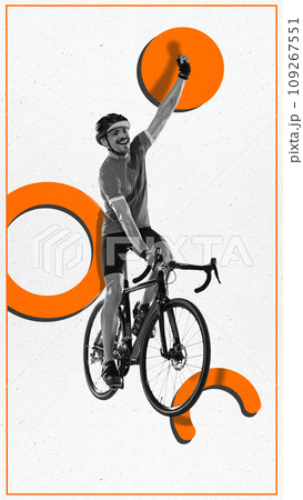 Contemporary art, collage. Confident sportsman fast riding to finish on bicycle in monochrome filter against white background with orange circles. 109267551