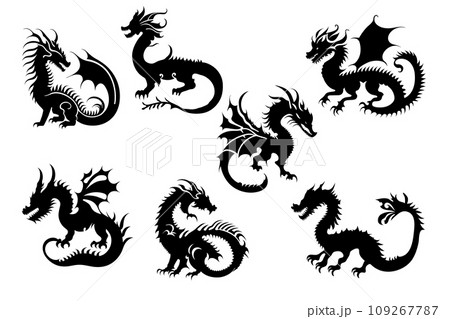 Vector set of black dragon's silhouettes. Chinese New Year of a Dragon. 109267787
