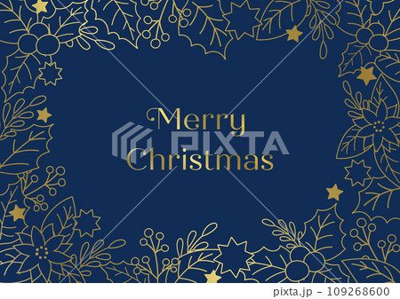 クリスマスカードのデザインテンプレート。ネイビーの背景に金色のイラスト。ヒイラギの装飾フレーム。 109268600