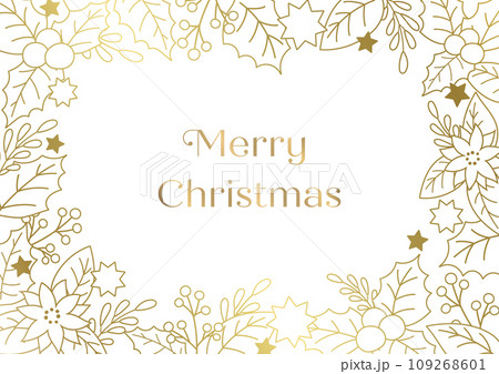 クリスマスカードのデザインテンプレート。白背景に金色のイラスト。ヒイラギの装飾フレーム。 クリスマスカードのデザインテンプレート。白背景に金色のイラスト。ヒイラギの装飾フレーム。 109268601