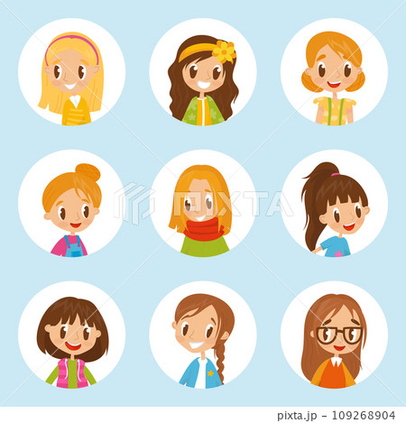 Cute Girl Face Avatar in Round Shape Vector Set Cute Girl Face Avatar in Round Shape Vector Set 109268904
