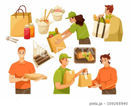 Food Delivery Service with Man Courier Bring Meal from Restaurant Vector Illustration Set Food Delivery Service with Man Courier Bring Meal from Restaurant Vector Illustration Set 109268940