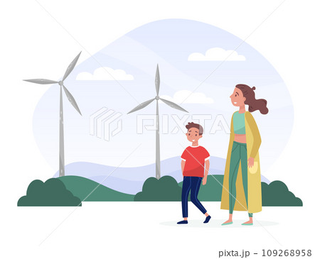 Eco and Nature with Happy Woman with Kid Character Walking Near Windmill Electricity Generator Vector Illustration 109268958