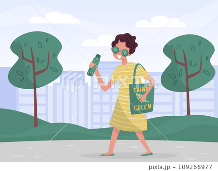 Eco and Nature with Happy Woman Character Carry Reusable Bag and Bottle Vector Illustration 109268977