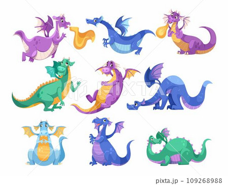 Fairy Colored Dragons as Winged and Horned Legendary Creature Vector Set Fairy Colored Dragons as Winged and Horned Legendary Creature Vector Set 109268988