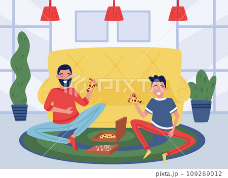 Happy Man Father with His Son Eating Pizza at Home Vector Illustration Happy Man Father with His Son Eating Pizza at Home Vector Illustration 109269012