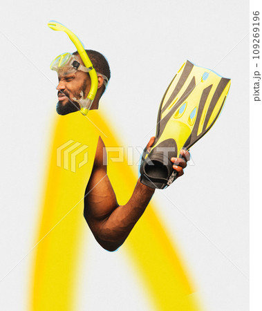 Poster. Contemporary art collage. Attractive African American man with neon colored painted body in swimming mask against white studio background. Poster. Contemporary art collage. Attractive African American man with neon colored painted body in swimming mask against white studio background. 109269196