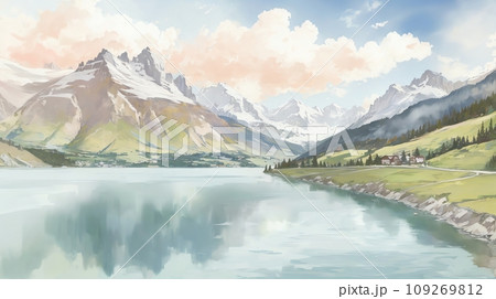 水彩画背景_世界旅行_スイス_リッフェル湖_02 109269812