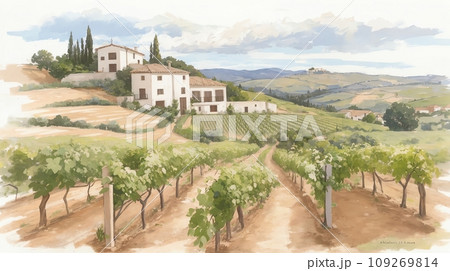 水彩画背景_世界旅行_スペイン_田舎のブドウ畑_01のイラスト素材