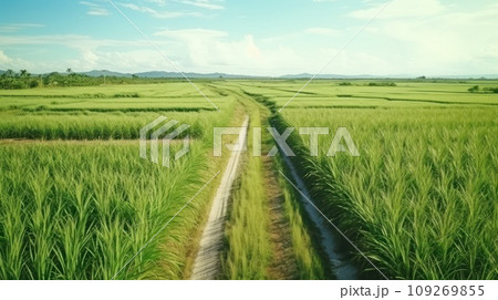 Empty ground road across large sugarcane plantation at summer Asian farmland site Empty ground road across large sugarcane plantation at summer Asian farmland site 109269855