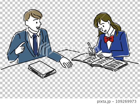 Simple line drawing illustration of a female student and teacher studying 109269973