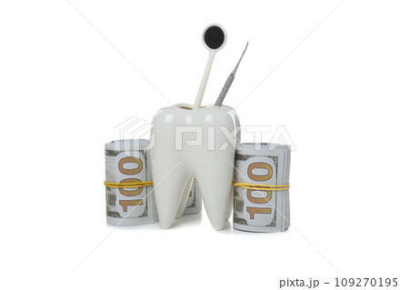 PNG, Decorative tooth with tools and cash, isolated on white background 109270195