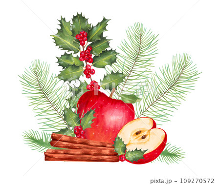 Christmas composition of red apple with pine and fir branches, holly branch with cinnamon. Fruit festive New Year's decor. For greeting cards. Watercolor and marker art. Hand drawn isolated. Christmas composition of red apple with pine and fir branches, holly branch with cinnamon. Fruit festive New Year's decor. For greeting cards. Watercolor and marker art. Hand drawn isolated. 109270572