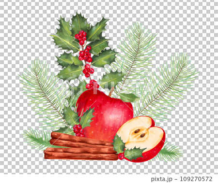 Christmas composition of red apple with pine and fir branches, holly branch with cinnamon. Fruit festive New Year's decor. For greeting cards. Watercolor and marker art. Hand drawn isolated. Christmas composition of red apple with pine and fir branches, holly branch with cinnamon. Fruit festive New Year's decor. For greeting cards. Watercolor and marker art. Hand drawn isolated. 109270572