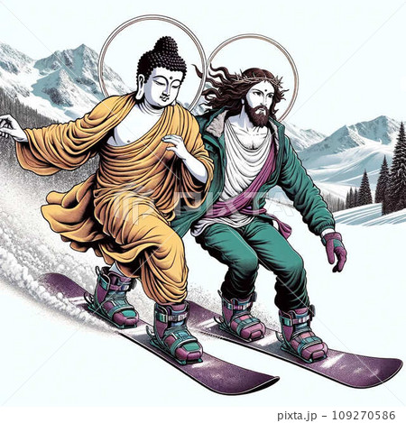 ブッダとキリストがノリノリでスノボ 109270586